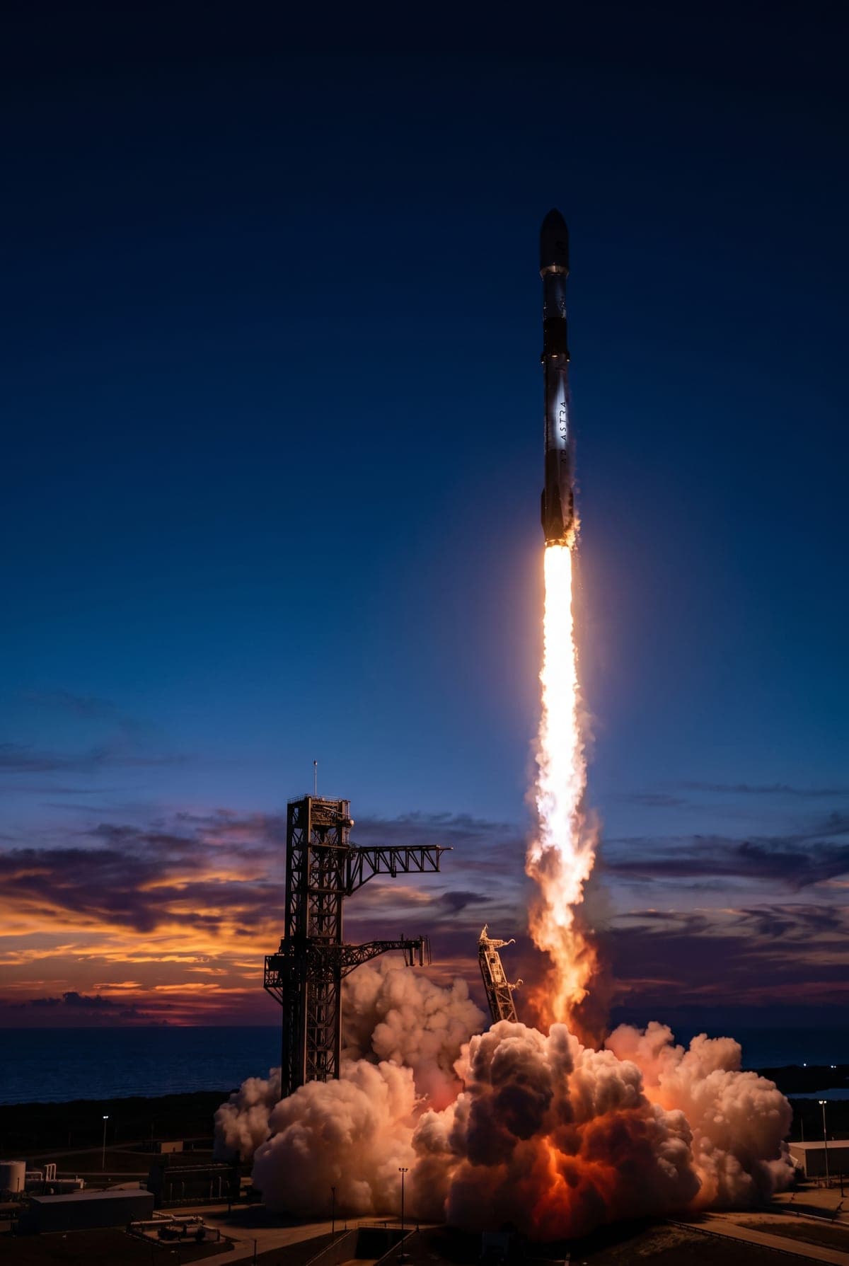 Rocket lifting off through a brilliant orange launch plume